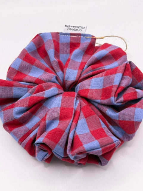 Red and Blue Buffalo Plaid Scrunchie — XL Jumbo Handmade Scrunchie