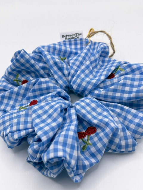 Mini Blue Gingham with Cherries Scrunchie — XL Jumbo Handmade Scrunchie