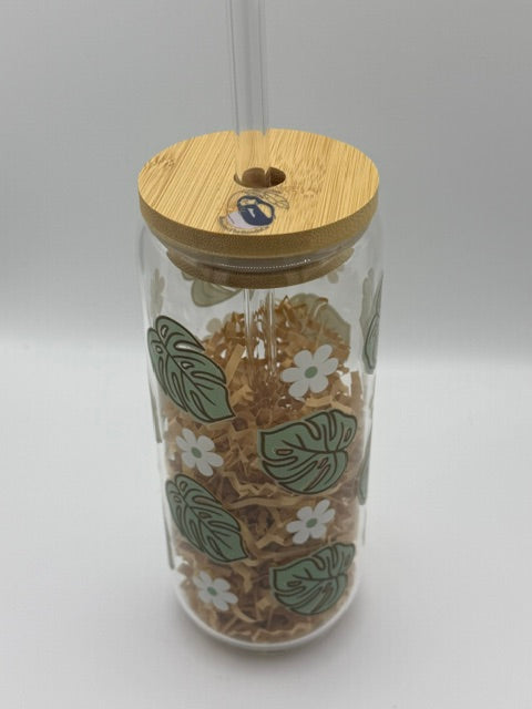 Monstera Leaf with Gold Detail 20 oz. Glass Can