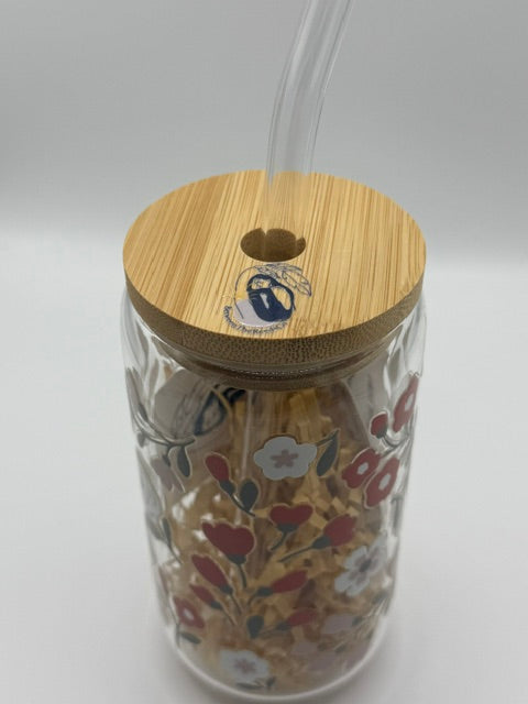 Red and White Flowers 16 oz. Glass Can