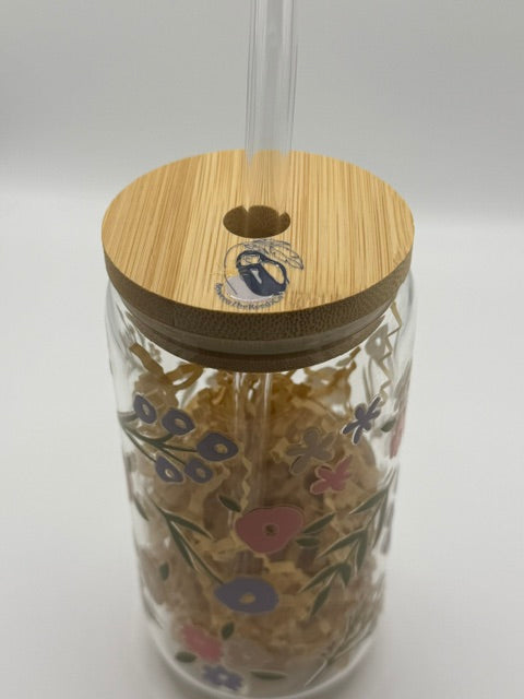 Pink and Purple Flowers 20 oz. Glass Can