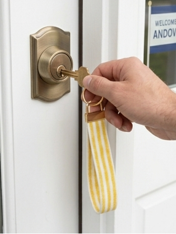 Handmade Seaside Goldenrod key fob with clean yellow and white stripes and gold hardware