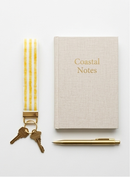 Handmade Seaside Goldenrod key fob with clean yellow and white stripes and gold hardware