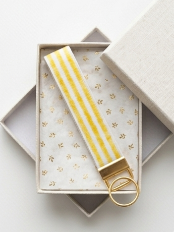 Handmade Seaside Goldenrod key fob with clean yellow and white stripes and gold hardware
