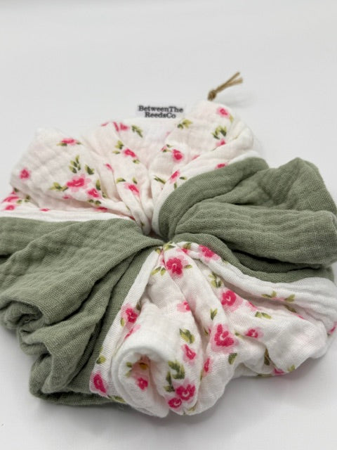 Patchwork Green and White with Pink Flowers Soft Gauze Scrunchie — XL Jumbo Handmade Scrunchie