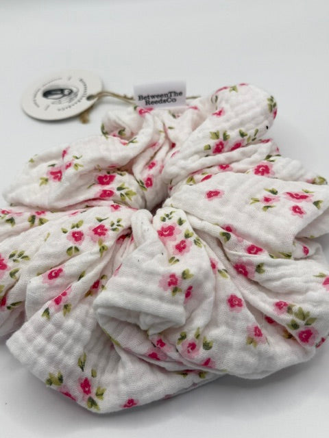 Mini Pink Flowers Soft Gauze Scrunchie — XL Jumbo Handmade Scrunchie
