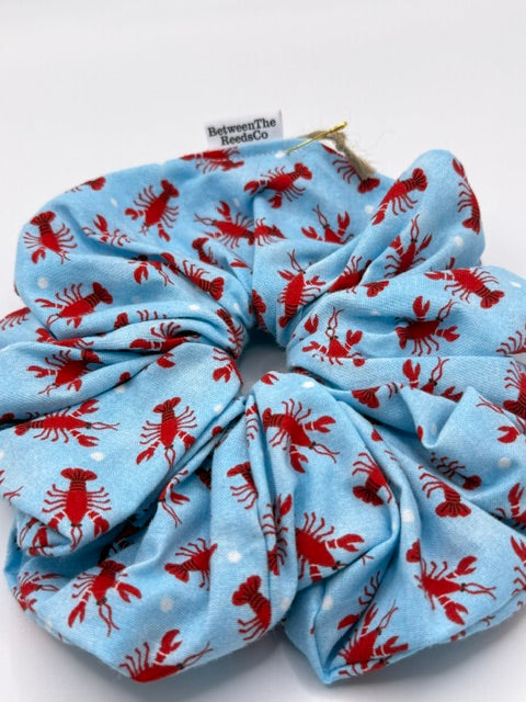 Blue with Lobsters Scrunchie — XL Jumbo Handmade Scrunchie