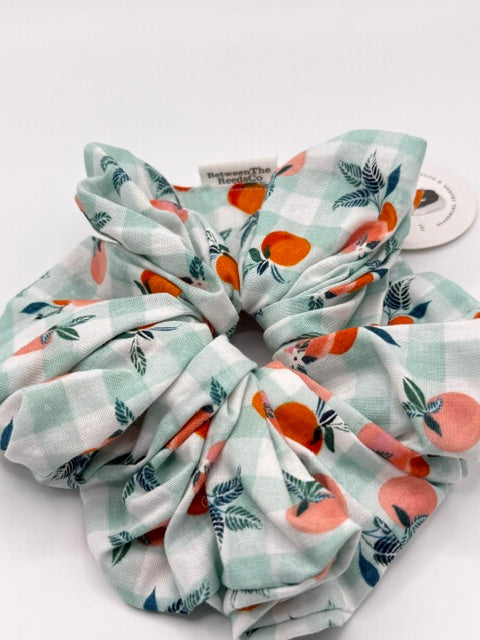 Green and White Gingham with Peaches — XL Jumbo Handmade Scrunchie