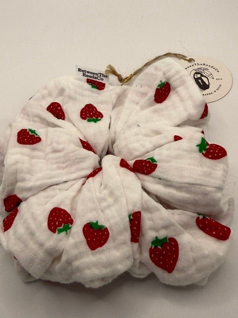 Mini Strawberries Soft Gauze Scrunchie — XL Jumbo Handmade Scrunchie