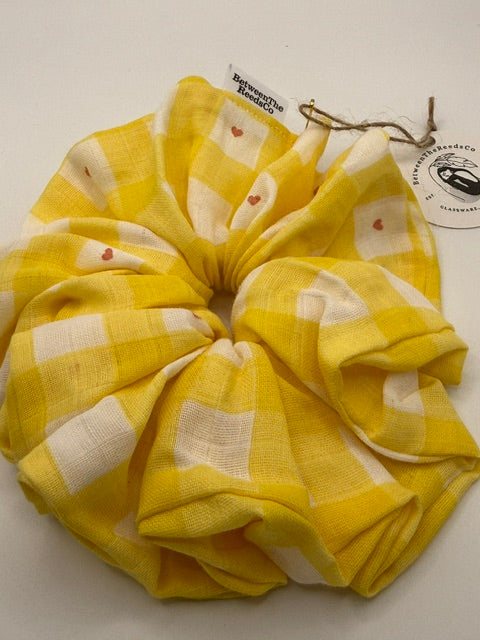 Yellow and White Checkered with Pink Hearts — XL Jumbo Handmade Scrunchie