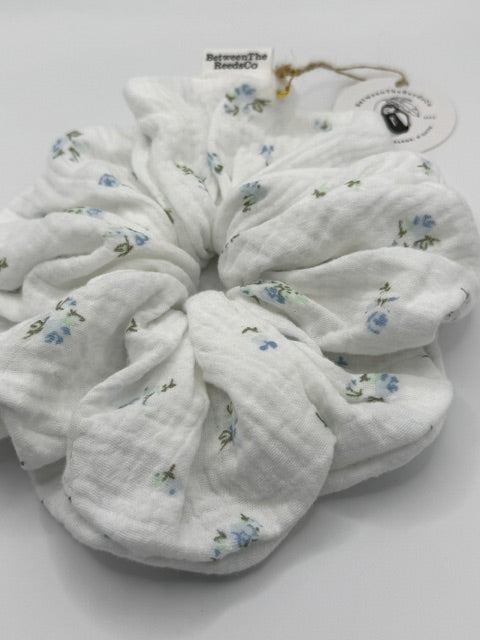 Mini Blue Flowers Soft Gauze Scrunchie — XL Jumbo Handmade Scrunchie