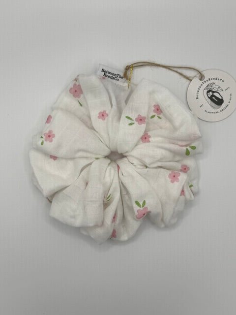 Pink Flowers Soft Gauze Scrunchie — XL Jumbo Handmade Scrunchie