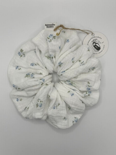 Mini Blue Flowers Soft Gauze Scrunchie — XL Jumbo Handmade Scrunchie