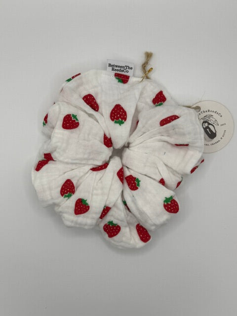 Mini Strawberries Soft Gauze Scrunchie — XL Jumbo Handmade Scrunchie