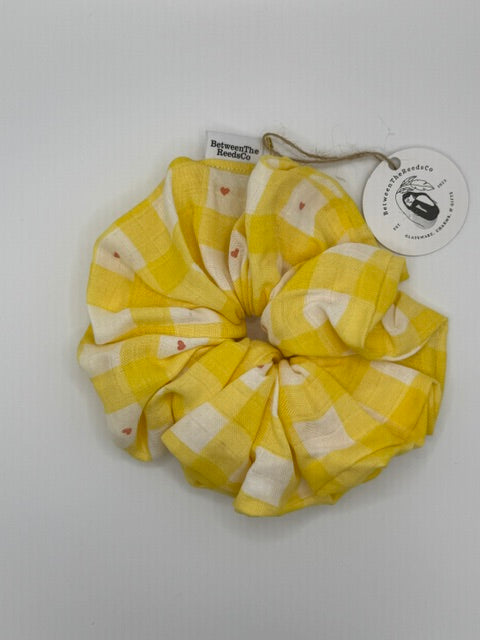 Yellow and White Checkered with Pink Hearts — XL Jumbo Handmade Scrunchie