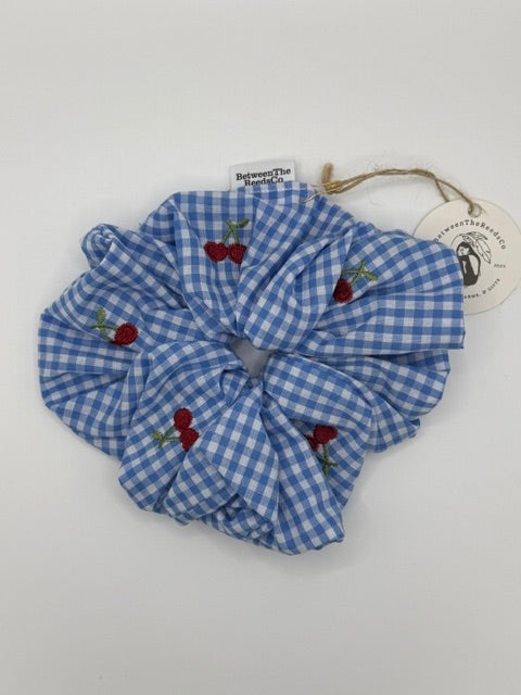 Mini Blue Gingham with Cherries Scrunchie — XL Jumbo Handmade Scrunchie