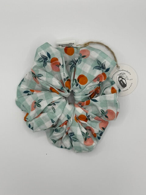 Green and White Gingham with Peaches — XL Jumbo Handmade Scrunchie