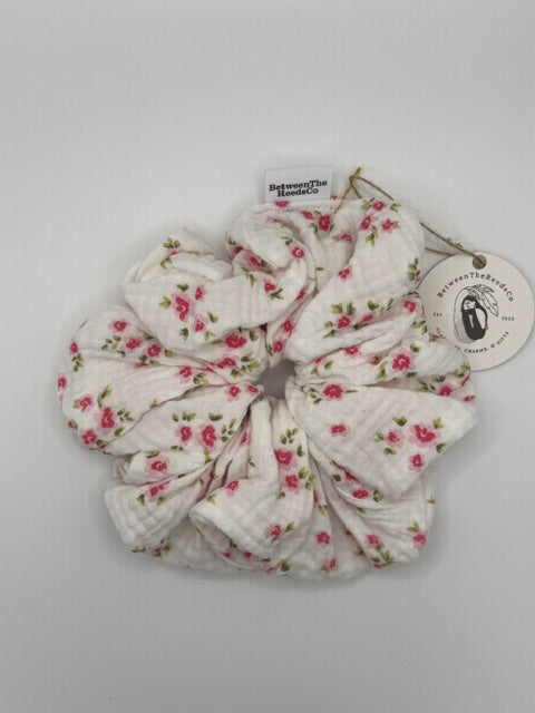 Mini Pink Flowers Soft Gauze Scrunchie — XL Jumbo Handmade Scrunchie