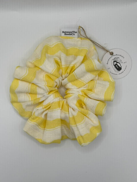 Yellow and White Striped Soft Gauze Scrunchie — XL Jumbo Handmade Scrunchie