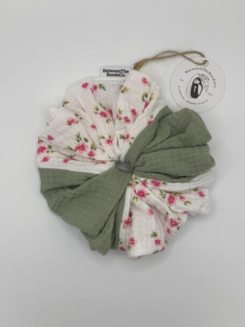 Patchwork Green and White with Pink Flowers Soft Gauze Scrunchie — XL Jumbo Handmade Scrunchie