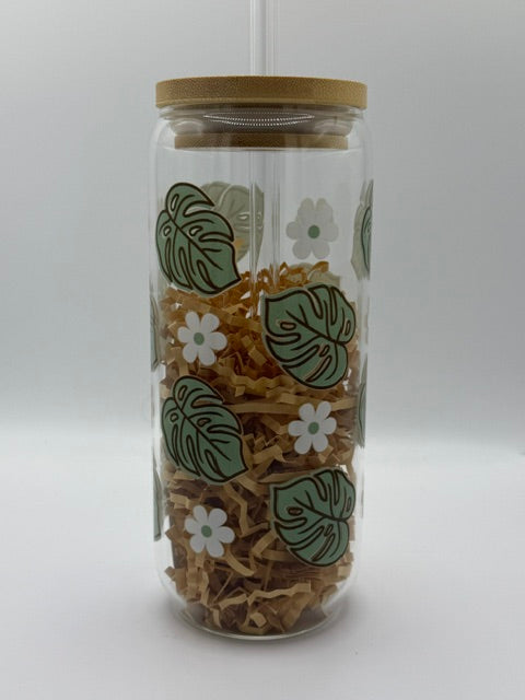 Monstera Leaf with Gold Detail 20 oz. Glass Can