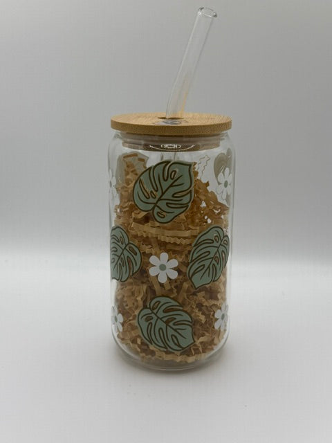 Monstera Leaf with Gold Detail 16 oz. Glass Can