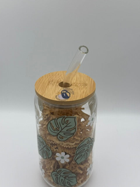 Monstera Leaf with Gold Detail 16 oz. Glass Can