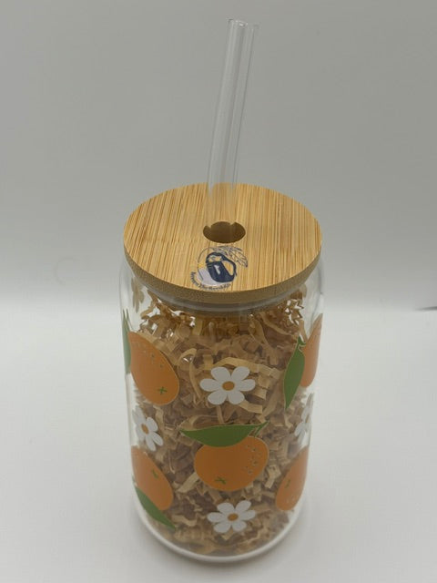 Oranges and White Daisies 16 oz. Glass Can