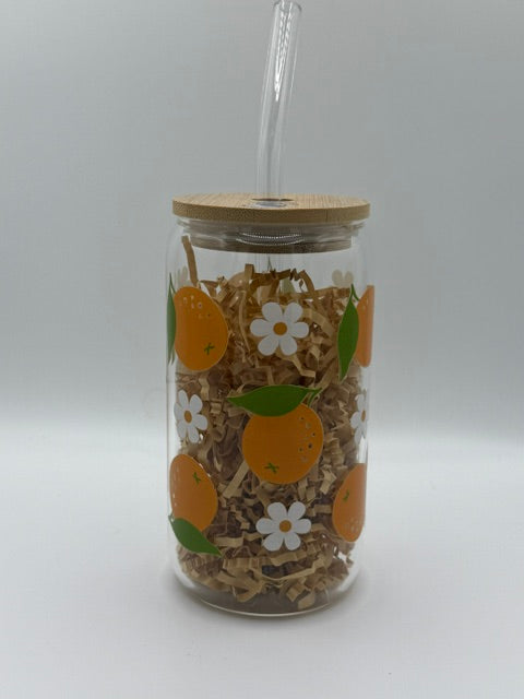 Oranges and White Daisies 16 oz. Glass Can