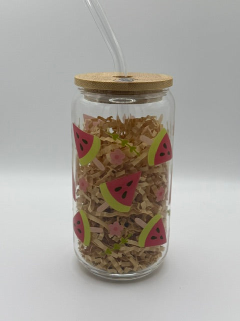 Watermelon and Pink Daisies 16 oz. Glass Can