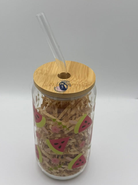 Watermelon and Pink Daisies 16 oz. Glass Can