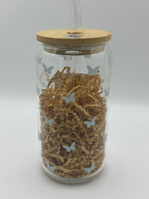 Mini Blue Butterflies 16 oz. Glass Can