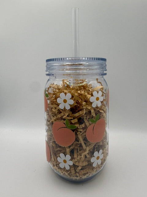Peaches and White Daisies 16 oz. Plastic Mason Jar