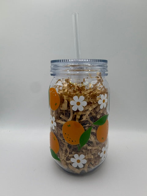 Oranges and White Daisies 16 oz. Plastic Mason Jar