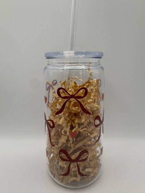 Red Ribbons and Pink Hearts 16 oz. Plastic Mason Jar