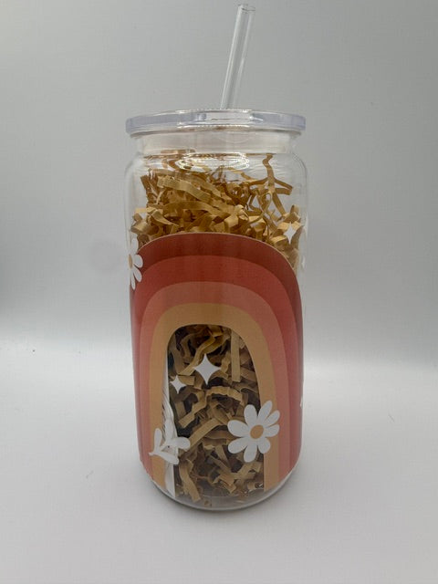 Rainbows and White Daisies 16 oz. Plastic Mason Jar