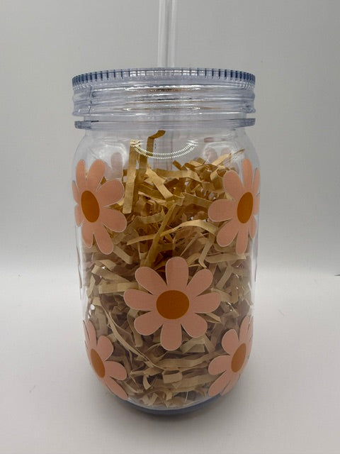 Pink Daisies 16 oz. Plastic Mason Jar