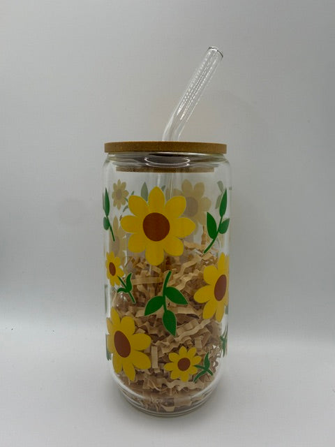 Yellow Flowers 16 oz. Glass Can
