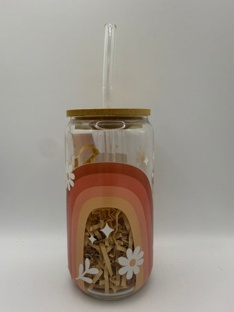 Rainbows and White Daisies 16 oz. Glass Can