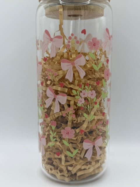 Pink Bows and Pink Flowers 20 oz. Glass Can