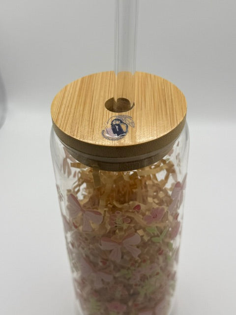 Pink Bows and Pink Flowers 20 oz. Glass Can