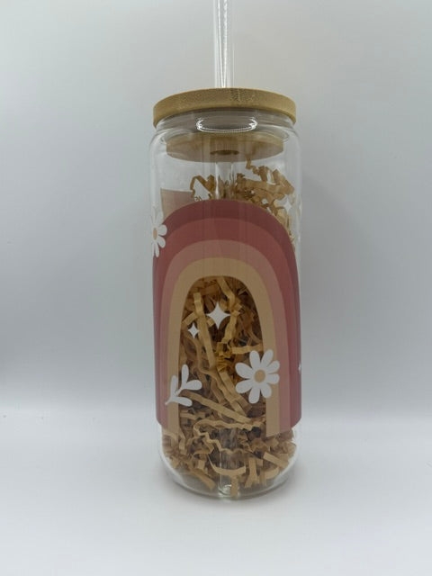 Rainbows and White Daisies 20 oz. Glass Can