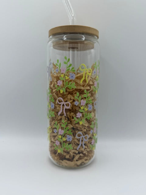 Colorful Bows and Bouquets 20 oz. Glass Can