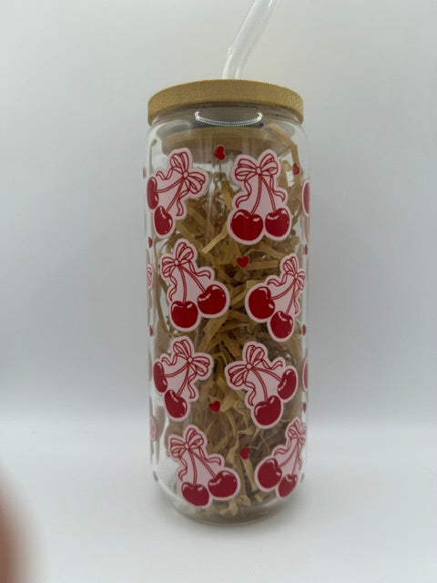 Cherries and Bows 20 oz. Glass Can