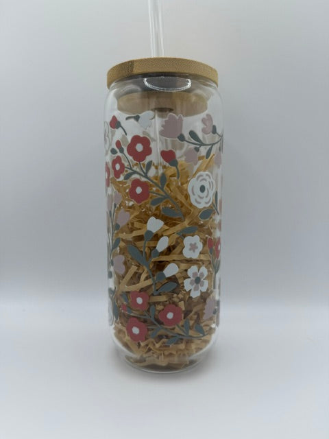 Red and White Flowers 20 oz. Glass Can