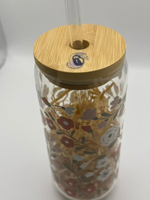Red and White Flowers 20 oz. Glass Can