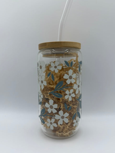 Blue and White Flowers 16 oz. Glass Can