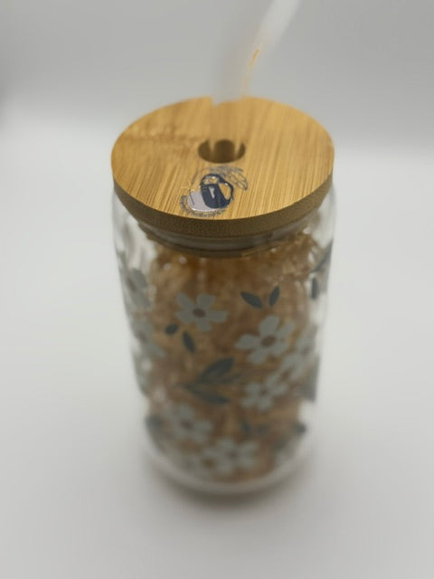 Blue and White Flowers 16 oz. Glass Can