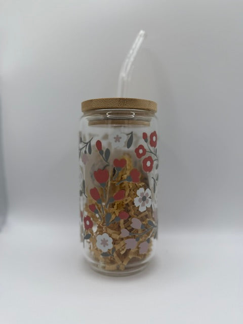 Red and White Flowers 16 oz. Glass Can