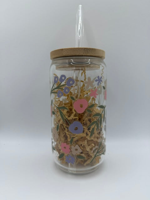 Pink and Purple Flowers 20 oz. Glass Can